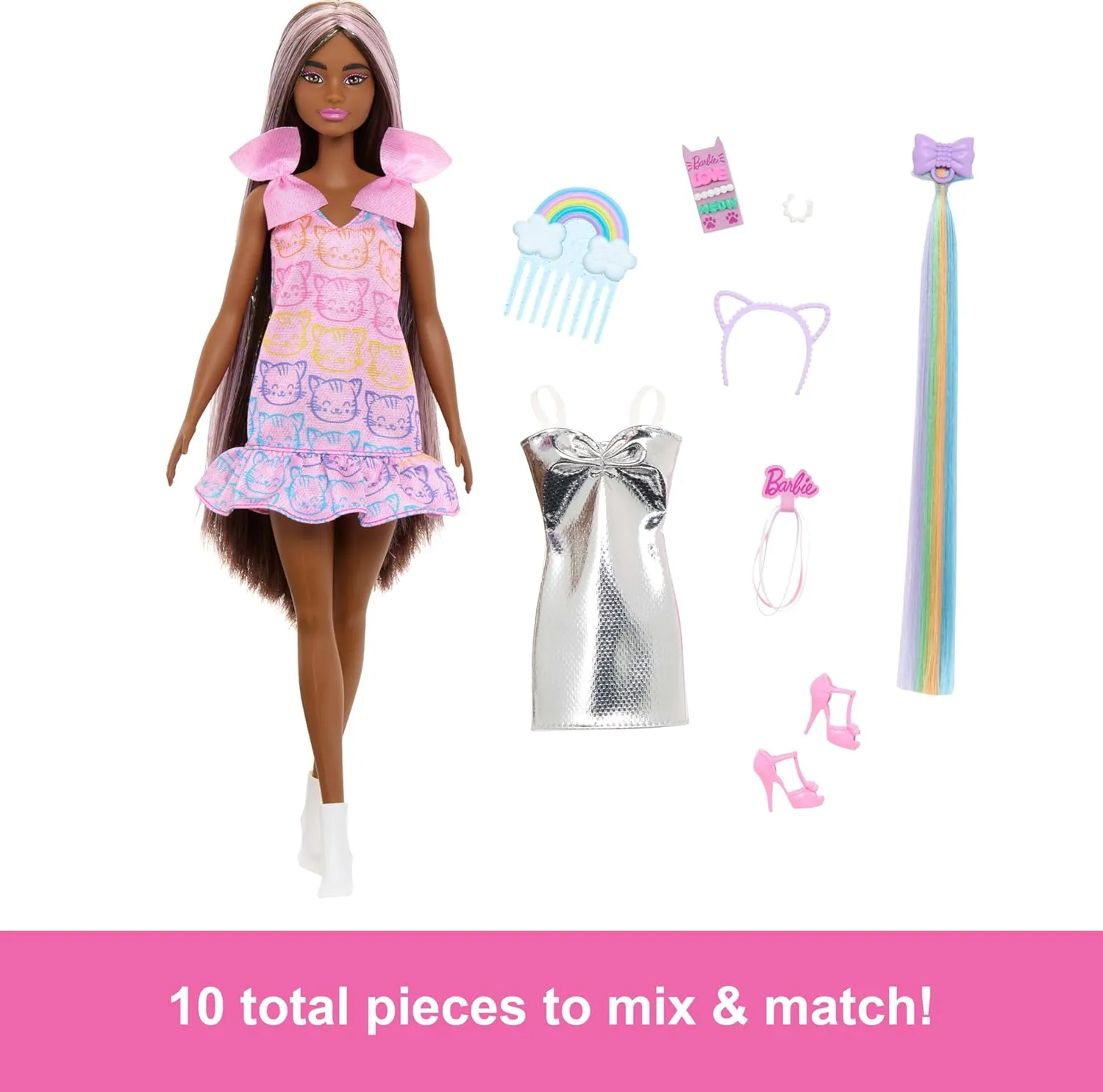 Barbie Fun & Fancy Fashion Doll & Accessories, with Extra-Long Black Hair & 2 Looks, Including Silver Dress & Hair Extension