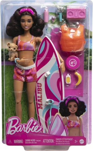 Barbie HPL69 Surf Doll Articulated Mannequin Brown Surfboard Puppy Themed Accessories Children's Toy from 3 Years