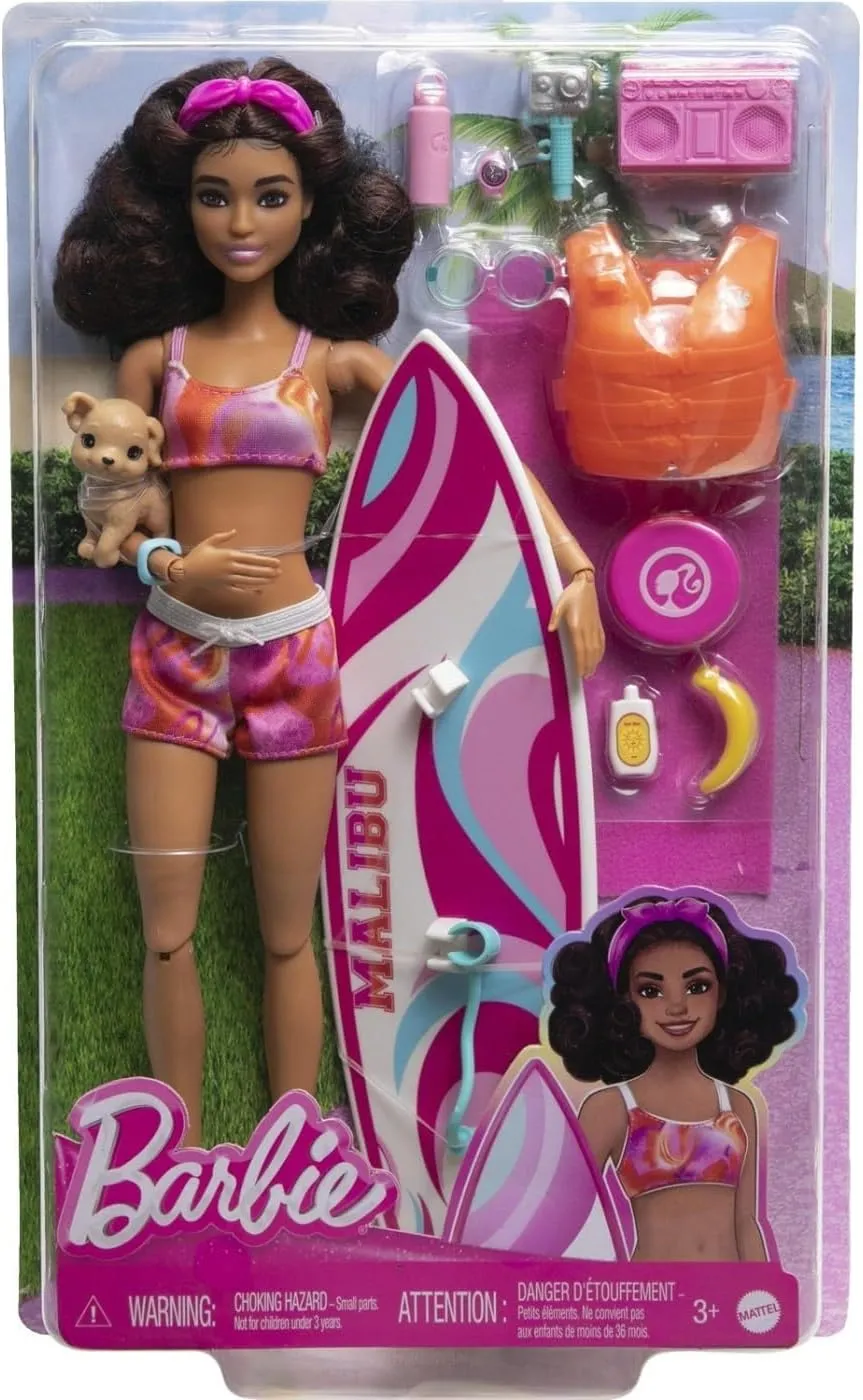 Barbie HPL69 Surf Doll Articulated Mannequin Brown Surfboard Puppy Themed Accessories Children's Toy from 3 Years
