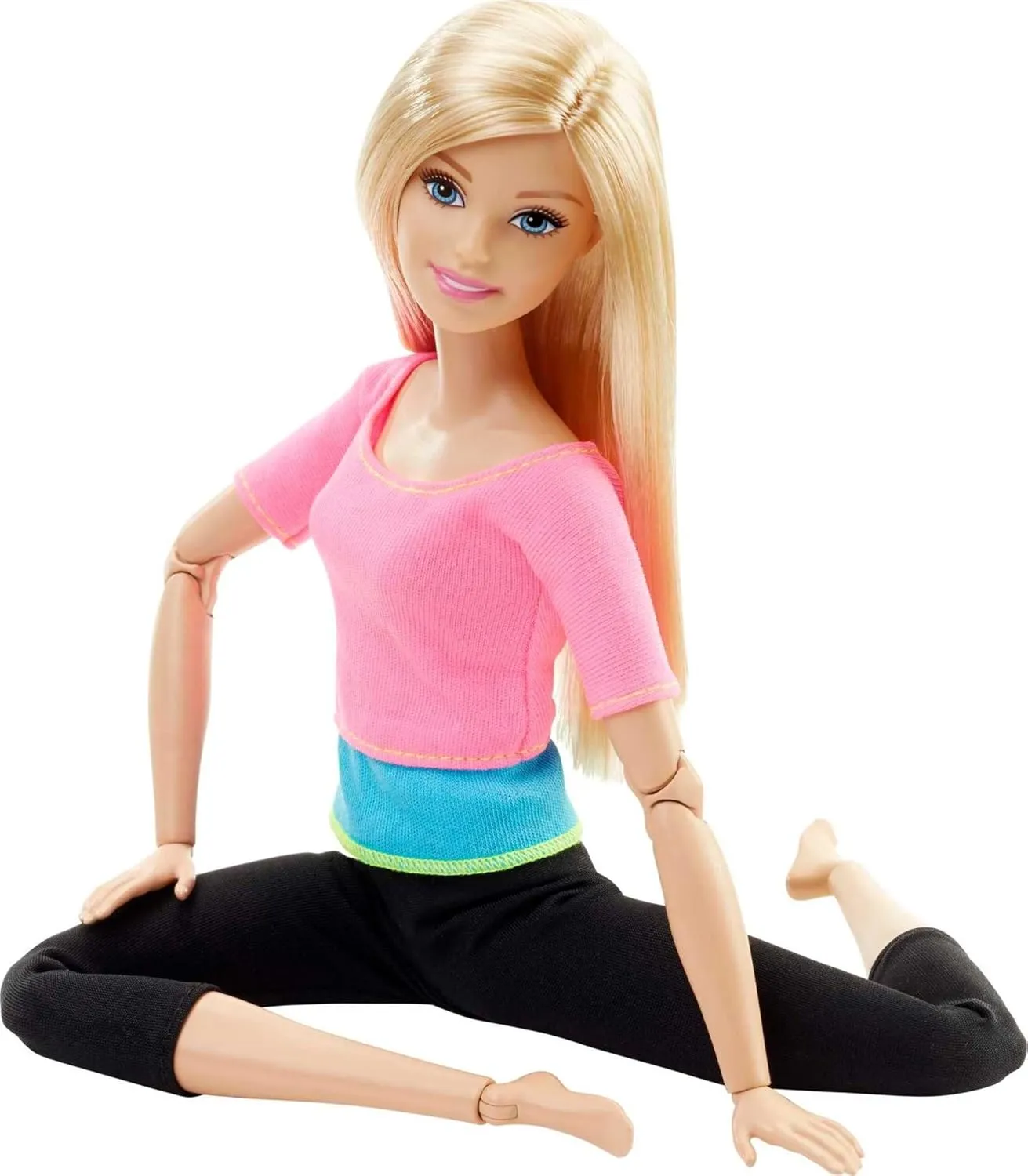 Barbie Made To Move Doll, Ultra-Posable, 22 Points To Bend, Black Leggings, Color-Blocked Top, Long Blond Hair