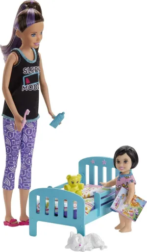 Barbie Skipper Babysitters Inc. Bedtime Playset with Babysitting Skipper Doll, Toddler Doll with Glow-in-the-Dark Pajamas, Bed, Sleeping Kitty, Teddy Bear, Blanket and Storybook for Kids 3-7 Years Old