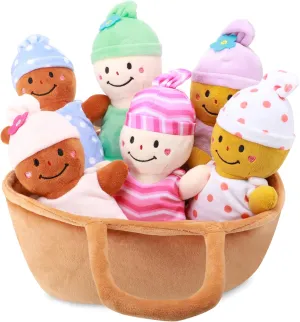 Basket Plush Baby Dolls Soft Multicultural Sensory Babies Toy Set 6 Piece Interchangeable Clothes Stuffed Plush Figures for All Ages Easter Gift