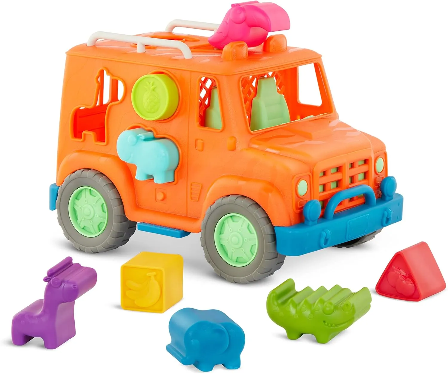 Battat- Wonder Wheels - Shape Sorter Toy Truck – 9Pc Developmental Toy For Kids, Toddlers – Animal & Fruit Shapes- Recyclable Materials- Safari Shape Sorter Truck- 1 Year  