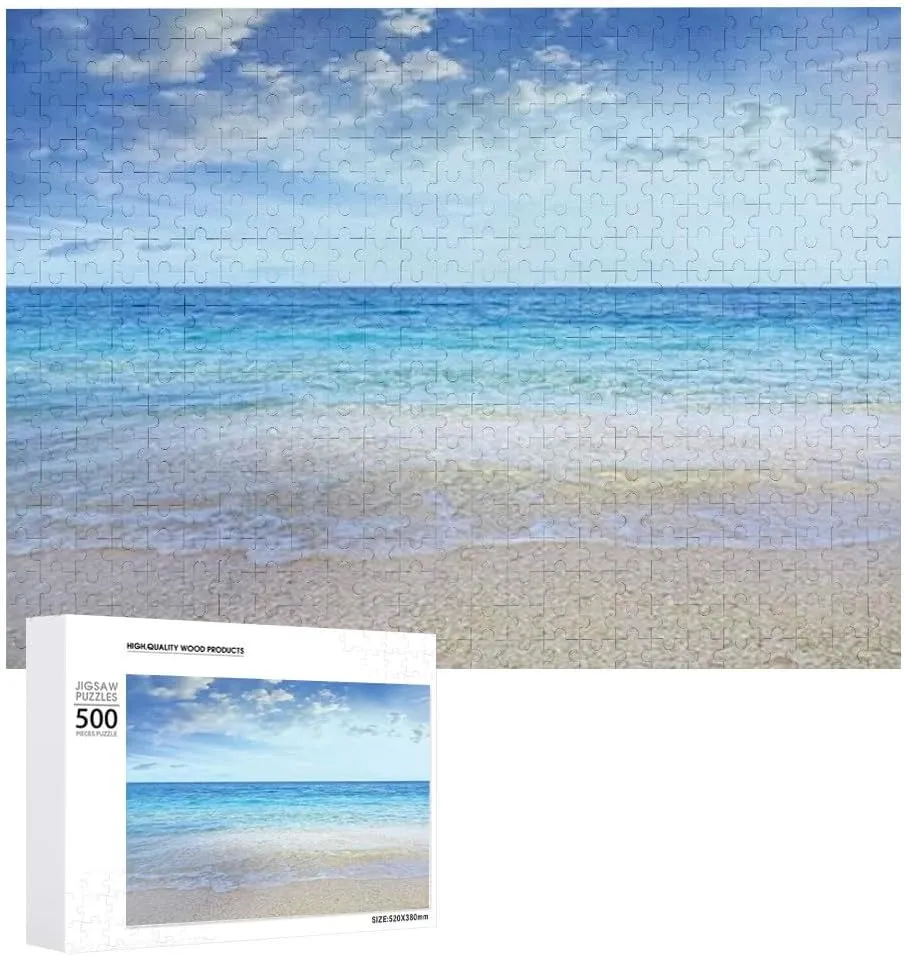 Beach Sea,500 PCS Puzzle Board,Portable Wooden Jigsaw Puzzle for Adults,Blue Sea Background,Birthday Gift for Family and Friends,Blue(20.5x15) in