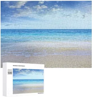 Beach Sea,500 PCS Puzzle Board,Portable Wooden Jigsaw Puzzle for Adults,Blue Sea Background,Birthday Gift for Family and Friends,Blue(20.5x15) in