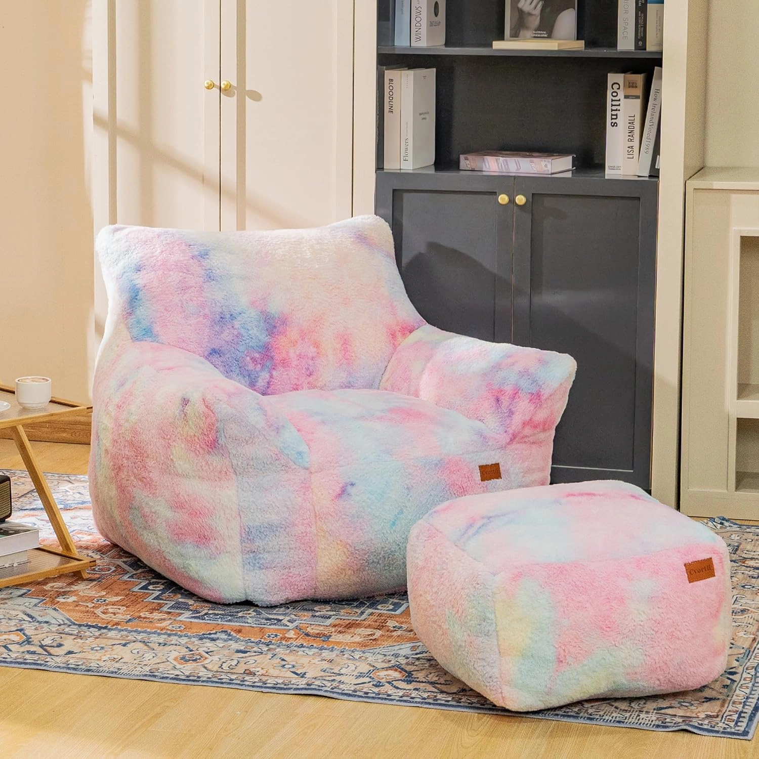 Bean Bag Chair, Sherpa Accent Beanbag Chair and Ottoman Set, Fur Faux BeanBag Chair with Memory Foam Filled, Lazy Sofa Comfy Cozy BeanBag Chair for Dorm, Apartment, Living Room (Colorful)
