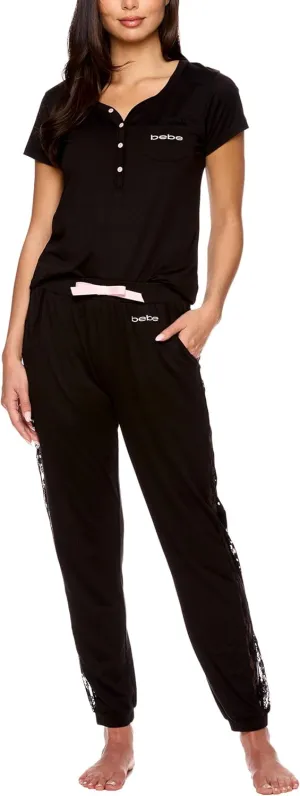 bebe Womens Pajama Set, Short Sleeve Shirt with Lace Jogger PJ Pants Lounge Sets for Women
