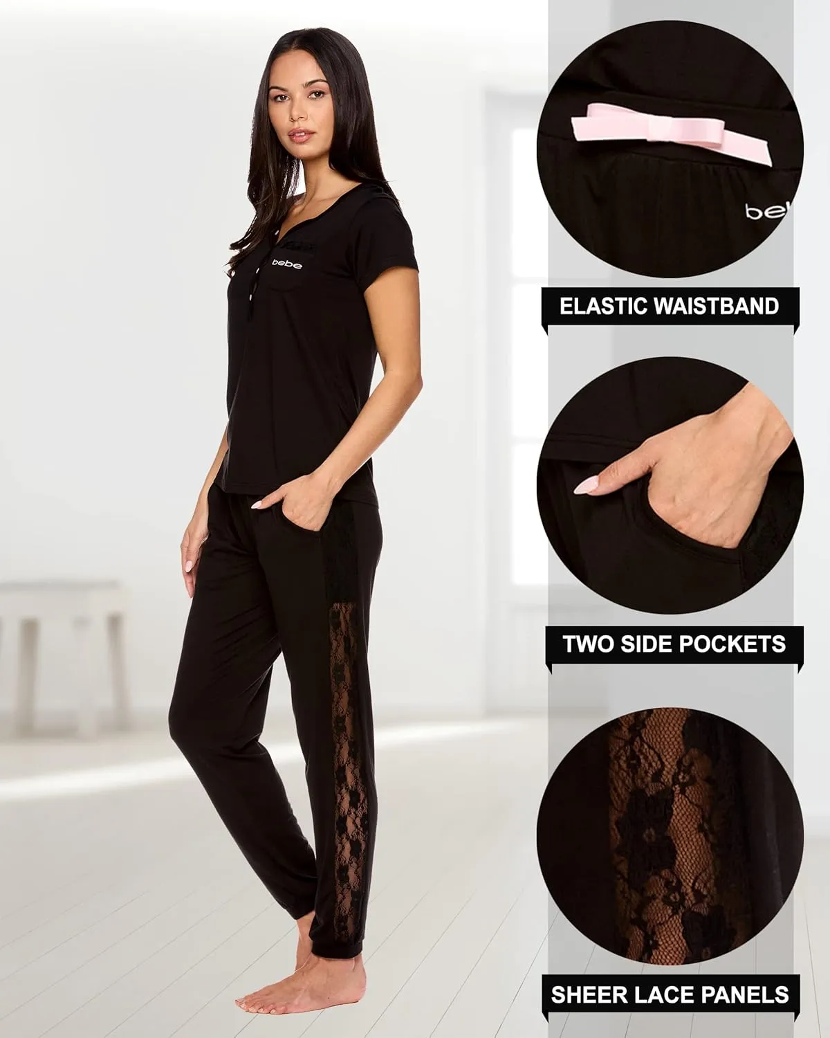 bebe Womens Pajama Set, Short Sleeve Shirt with Lace Jogger PJ Pants Lounge Sets for Women