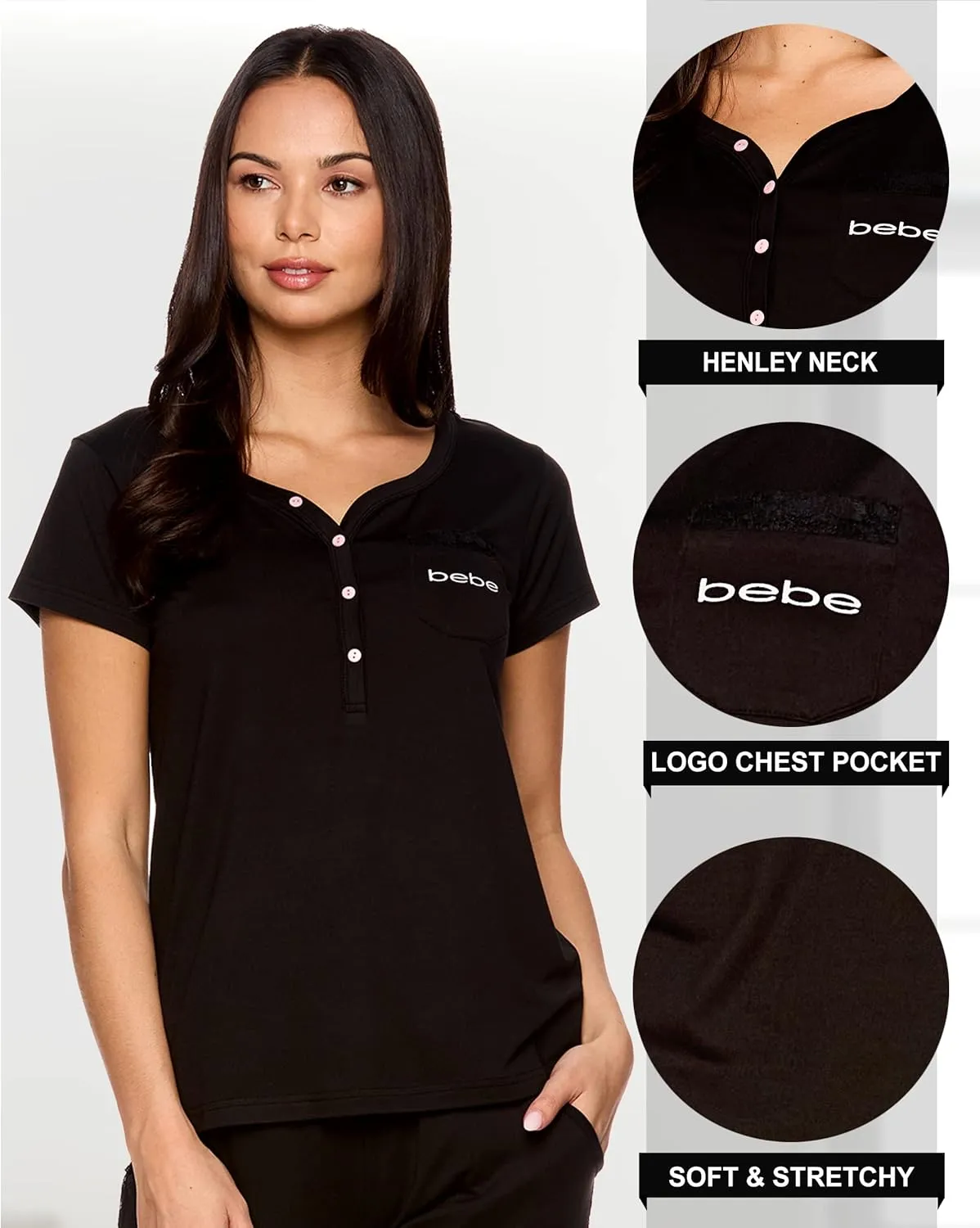 bebe Womens Pajama Set, Short Sleeve Shirt with Lace Jogger PJ Pants Lounge Sets for Women