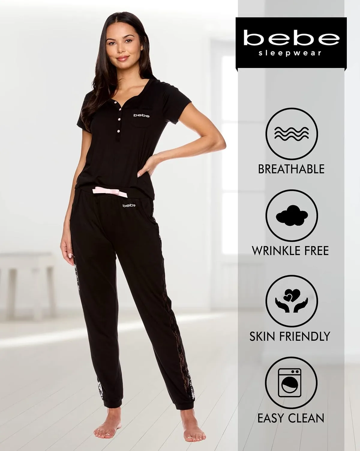 bebe Womens Pajama Set, Short Sleeve Shirt with Lace Jogger PJ Pants Lounge Sets for Women