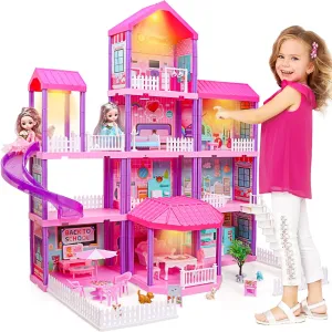 beefunni Doll House, Dream Dollhouse for Girls,Doll Houses 4-5 7-8 Year Old with 4 Stories -11 Rooms, 2 Dolls and Furniture, Princess Dollhouse 2025 Christmas Toy Gifts for 3 4 5 6 7 8  Year Old Girls