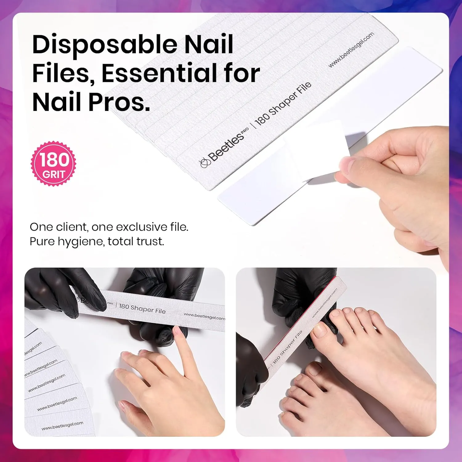Beetles Nail File, 180 Grit 50PCS Disposable Shaper File Professional, Emery Board Grey Manicure Pedicure Tool and Nail Buffering Files Nail Styling Tools Manicure Tools Salon