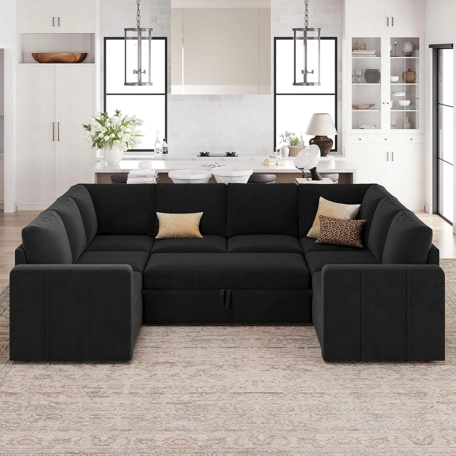Belffin Modular Sectional Sleeper Sofa Bed with Pull Out Couch, Oversized U Shaped Sleeper Pull Out Bed with Storage Loveseat, Convertible Sectional Couches for Living Room, Black