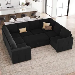 Belffin Modular Sectional Sleeper Sofa Bed with Pull Out Couch, Oversized U Shaped Sleeper Pull Out Bed with Storage Loveseat, Convertible Sectional Couches for Living Room, Black