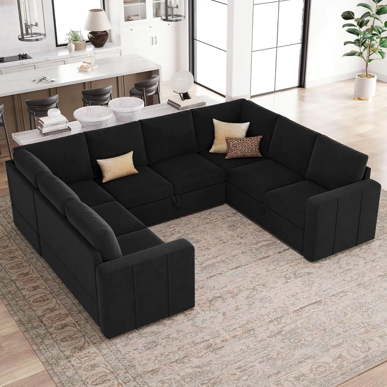 Belffin Modular Sectional Sleeper Sofa Bed with Pull Out Couch, Oversized U Shaped Sleeper Pull Out Bed with Storage Loveseat, Convertible Sectional Couches for Living Room, Black