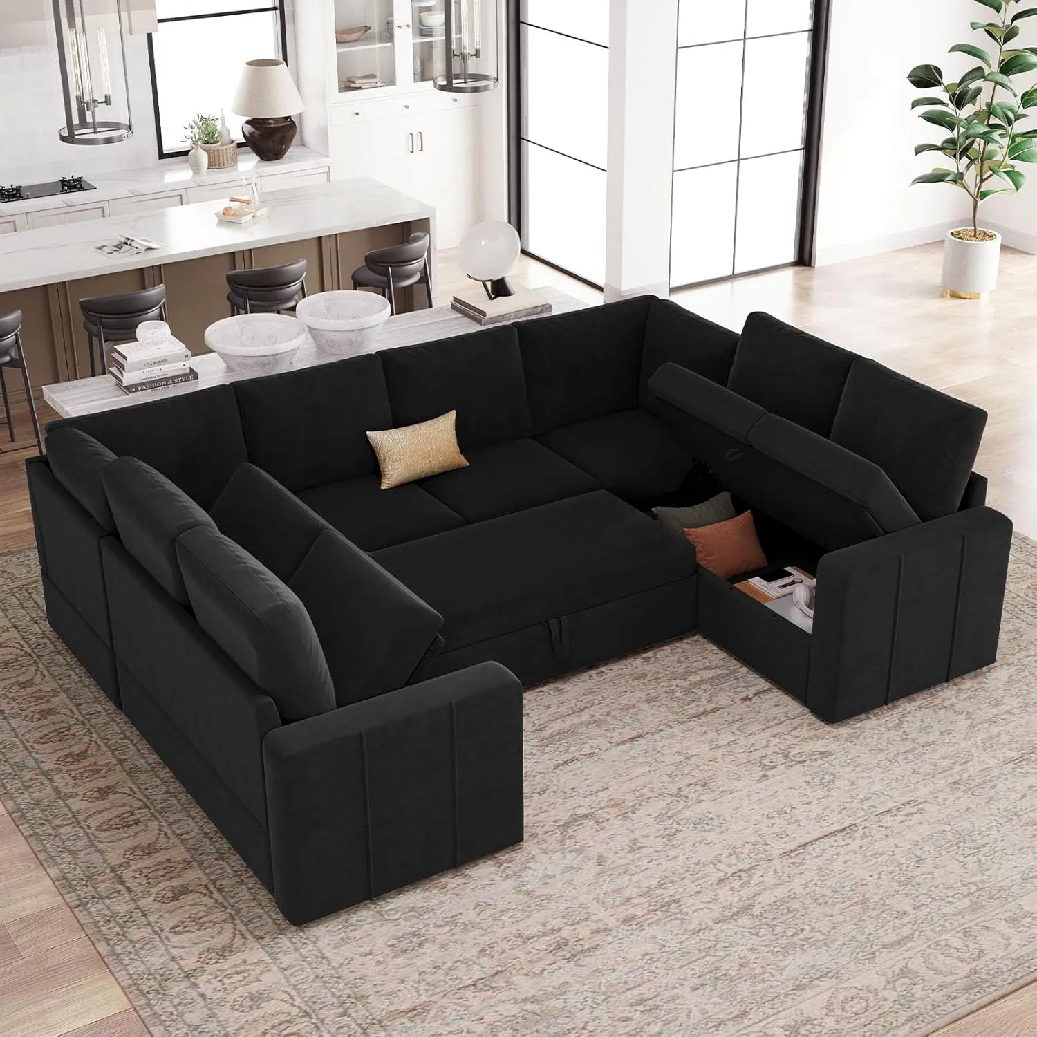Belffin Modular Sectional Sleeper Sofa Bed with Pull Out Couch, Oversized U Shaped Sleeper Pull Out Bed with Storage Loveseat, Convertible Sectional Couches for Living Room, Black