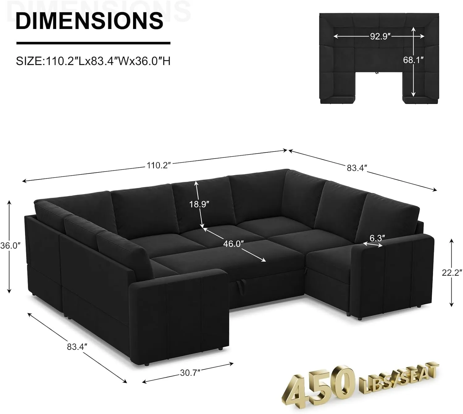 Belffin Modular Sectional Sleeper Sofa Bed with Pull Out Couch, Oversized U Shaped Sleeper Pull Out Bed with Storage Loveseat, Convertible Sectional Couches for Living Room, Black