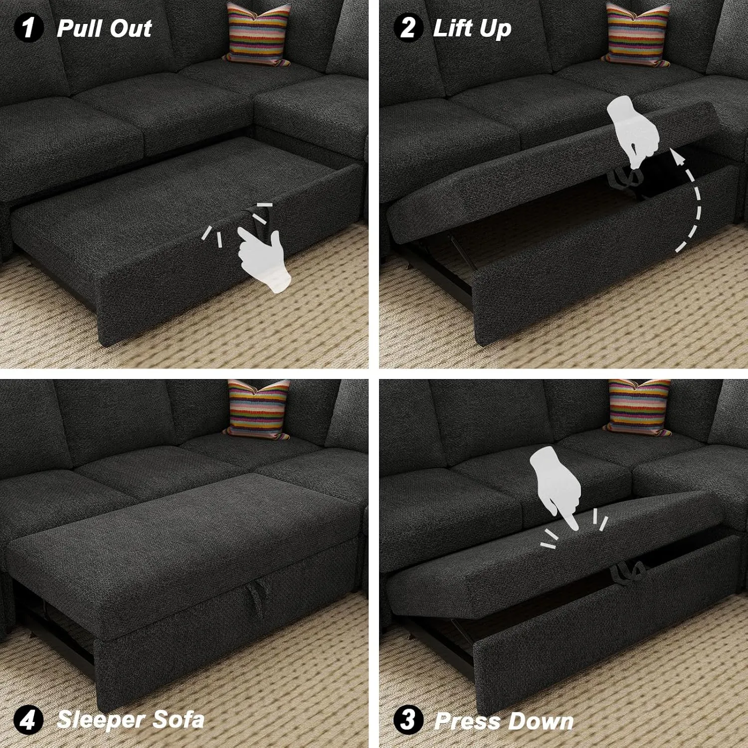 Belffin Modular Sectional Sleeper Sofa Bed with Pull Out Couch, Oversized U Shaped Sleeper Pull Out Bed with Storage Loveseat, Convertible Sectional Couches for Living Room, Dark Grey