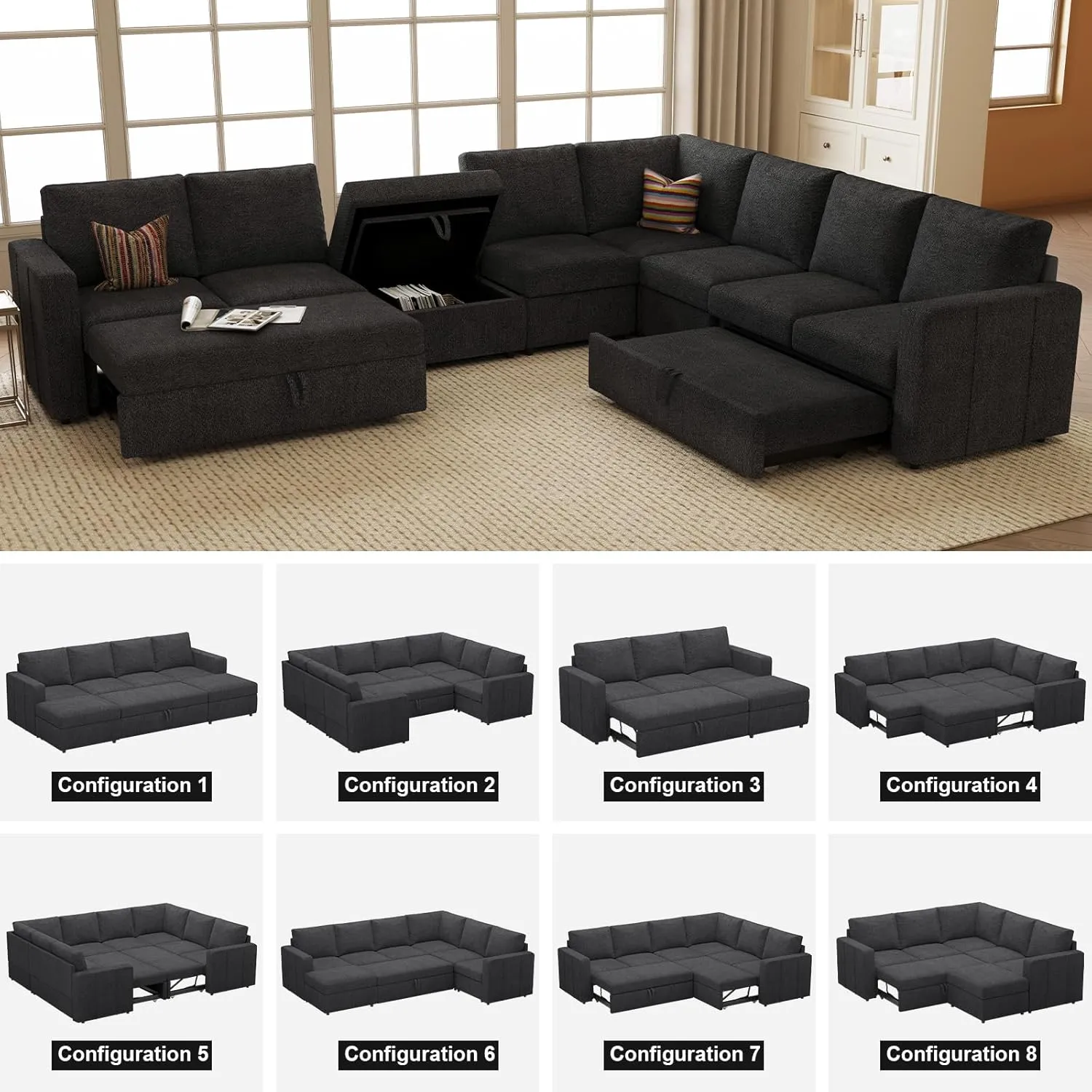Belffin Modular Sectional Sleeper Sofa Bed with Pull Out Couch, Oversized U Shaped Sleeper Pull Out Bed with Storage Loveseat, Convertible Sectional Couches for Living Room, Dark Grey