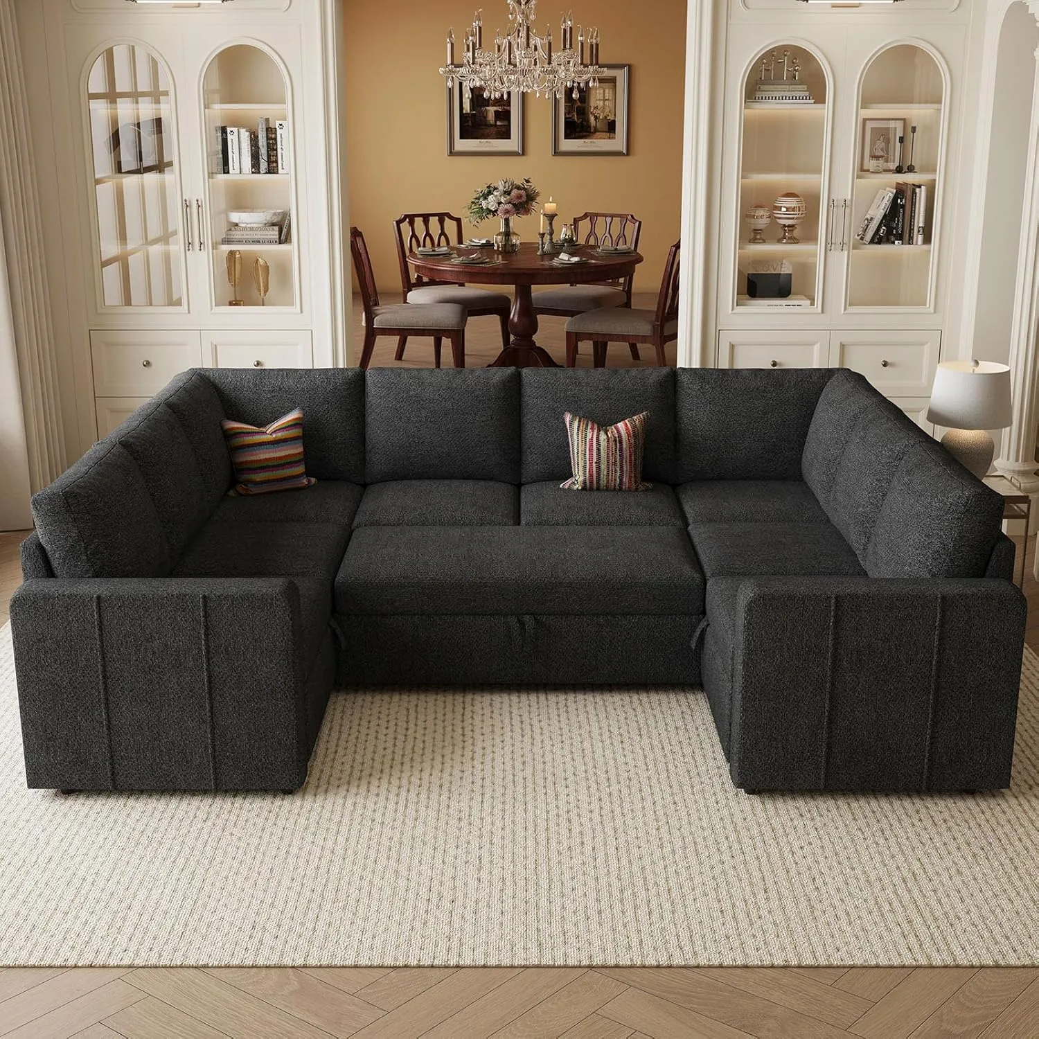 Belffin Modular Sectional Sleeper Sofa Bed with Pull Out Couch, Oversized U Shaped Sleeper Pull Out Bed with Storage Loveseat, Convertible Sectional Couches for Living Room, Dark Grey