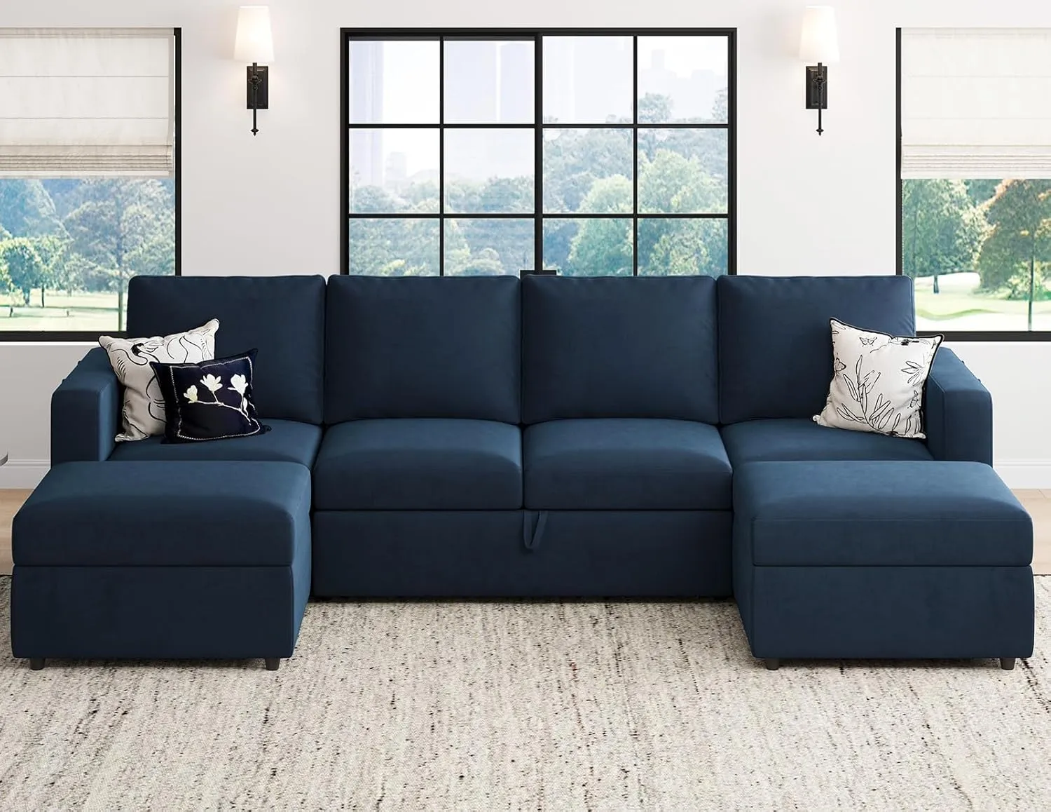 Belffin Modular Sectional Sleeper Sofa Bed with Pull Out Couch, U Shaped Sleeper Pull Out Bed, Convertible Sectional Couches for Living Room, Blue