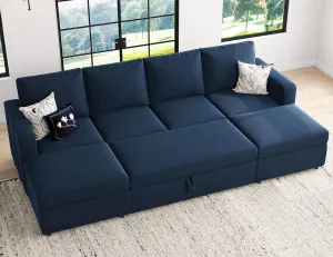 Belffin Modular Sectional Sleeper Sofa Bed with Pull Out Couch, U Shaped Sleeper Pull Out Bed, Convertible Sectional Couches for Living Room, Blue