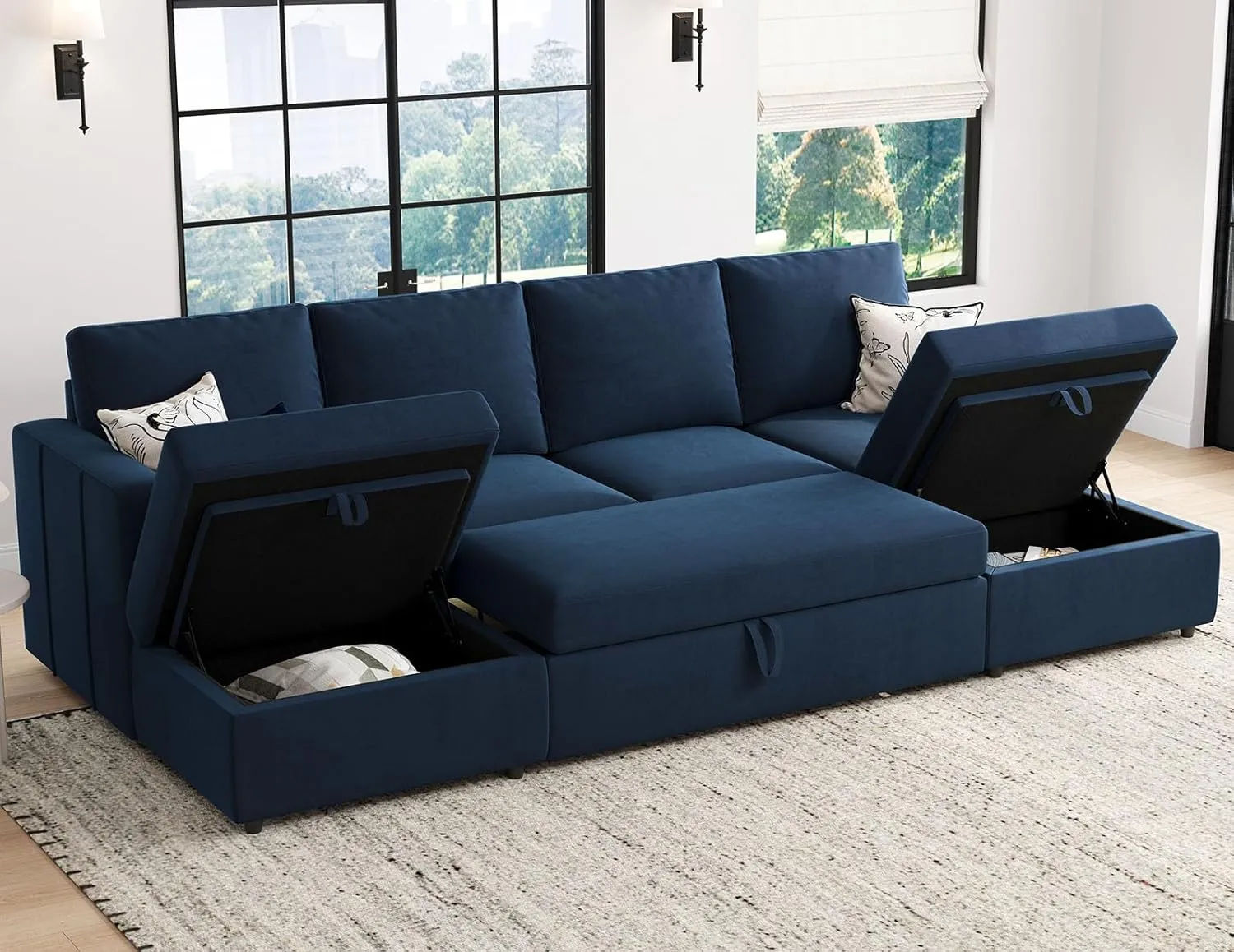 Belffin Modular Sectional Sleeper Sofa Bed with Pull Out Couch, U Shaped Sleeper Pull Out Bed, Convertible Sectional Couches for Living Room, Blue