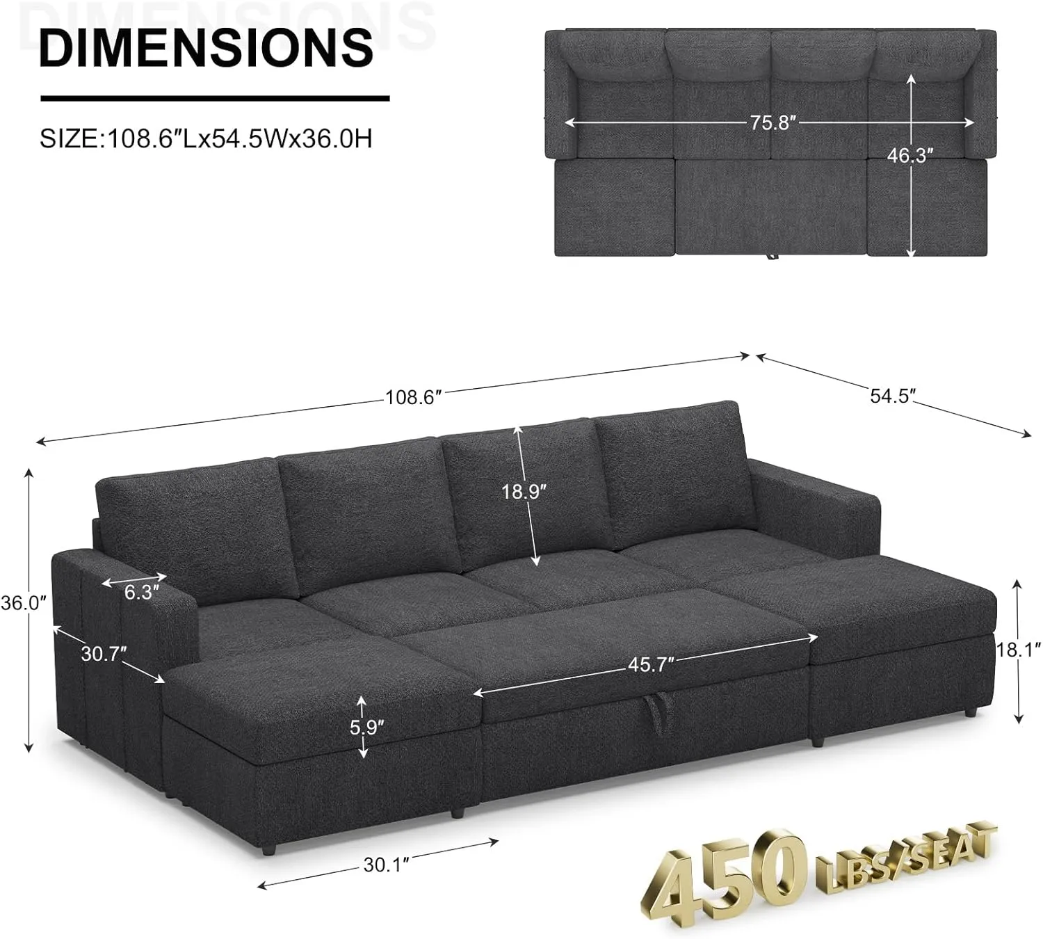 Belffin Modular Sectional Sleeper Sofa Bed with Pull Out Couch, U Shaped Sleeper Pull Out Bed, Convertible Sectional Couches for Living Room, Dark Grey