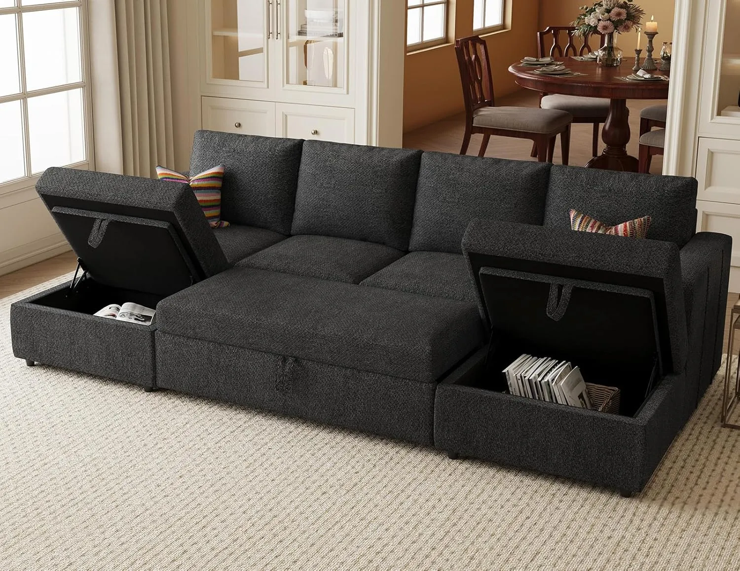 Belffin Modular Sectional Sleeper Sofa Bed with Pull Out Couch, U Shaped Sleeper Pull Out Bed, Convertible Sectional Couches for Living Room, Dark Grey