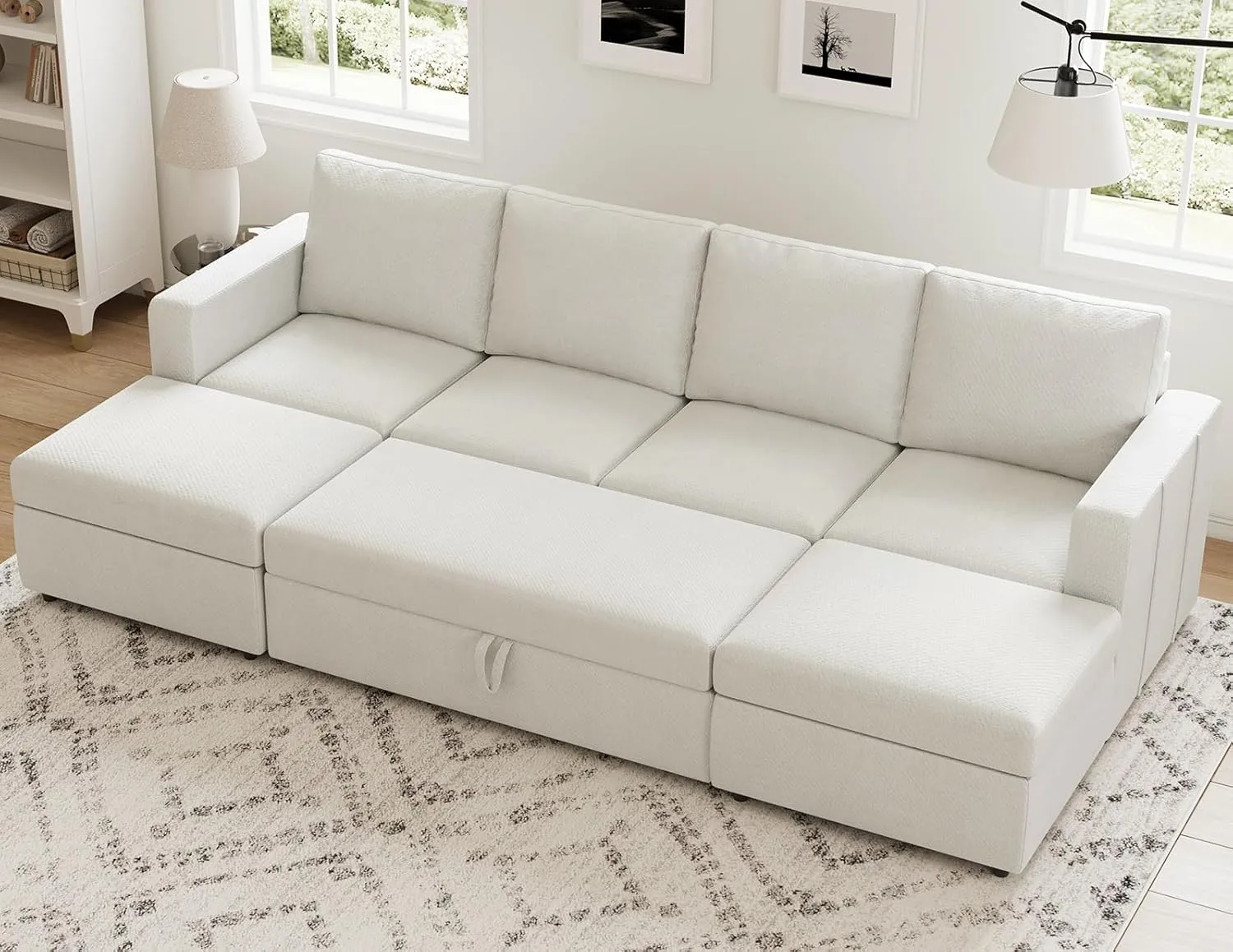 Belffin Modular Sectional Sleeper Sofa Bed with Pull Out Couch, U Shaped Sleeper Pull Out Bed, Convertible Sectional Couches for Living Room, White
