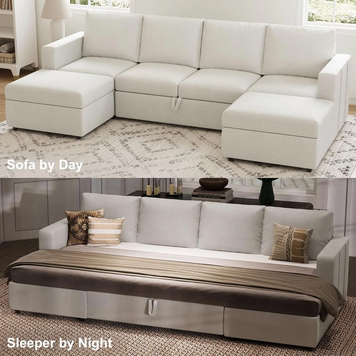 Belffin Modular Sectional Sleeper Sofa Bed with Pull Out Couch, U Shaped Sleeper Pull Out Bed, Convertible Sectional Couches for Living Room, White