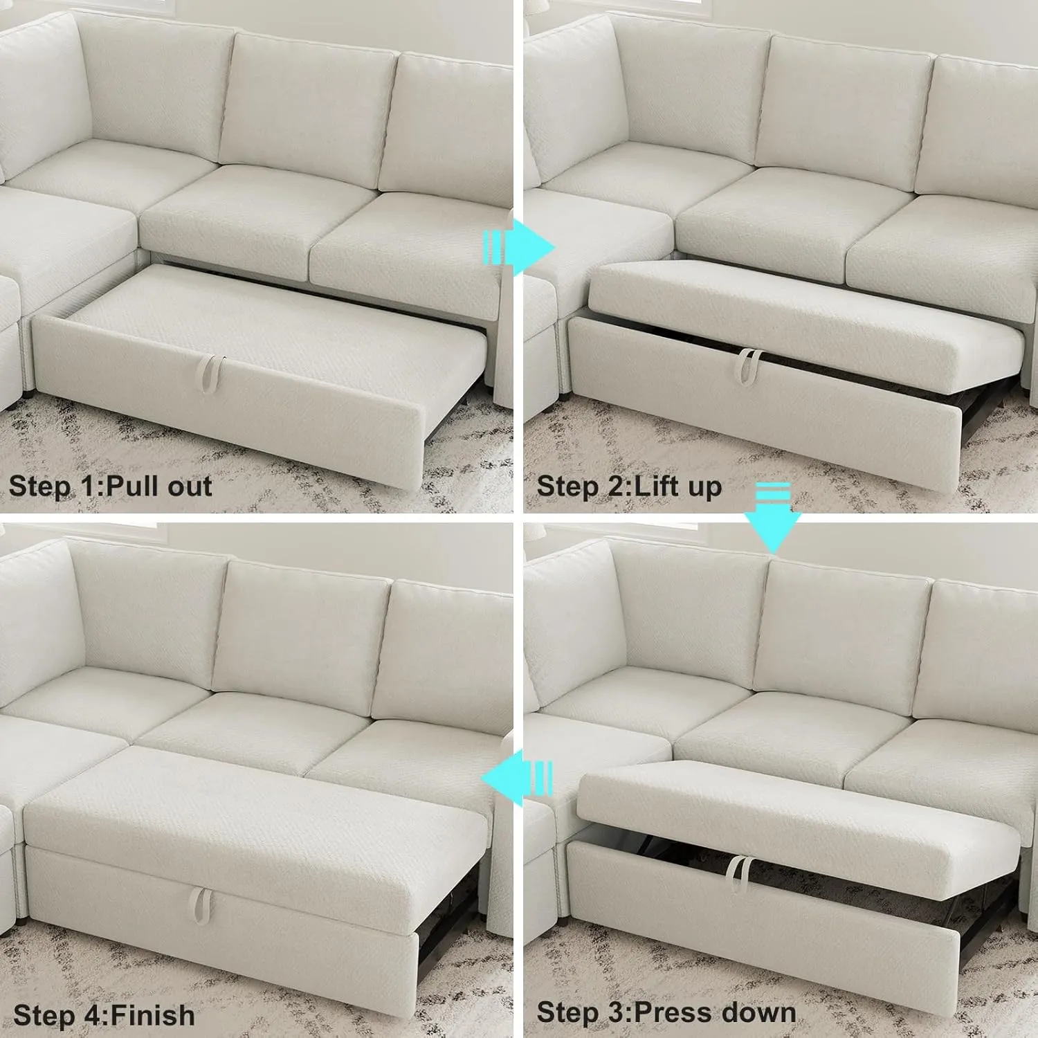 Belffin Modular Sectional Sleeper Sofa Bed with Pull Out Couch, U Shaped Sleeper Pull Out Bed, Convertible Sectional Couches for Living Room, White