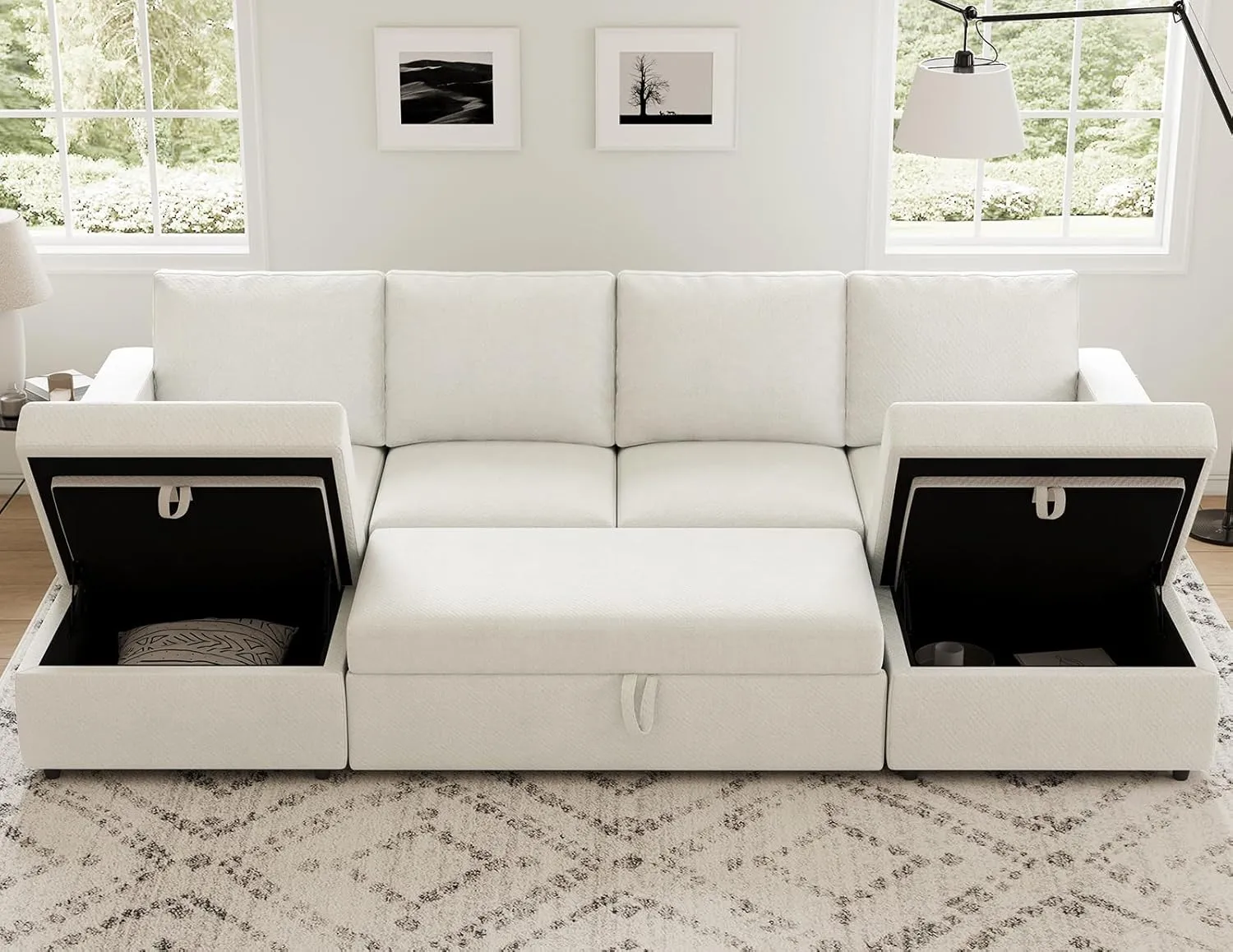 Belffin Modular Sectional Sleeper Sofa Bed with Pull Out Couch, U Shaped Sleeper Pull Out Bed, Convertible Sectional Couches for Living Room, White