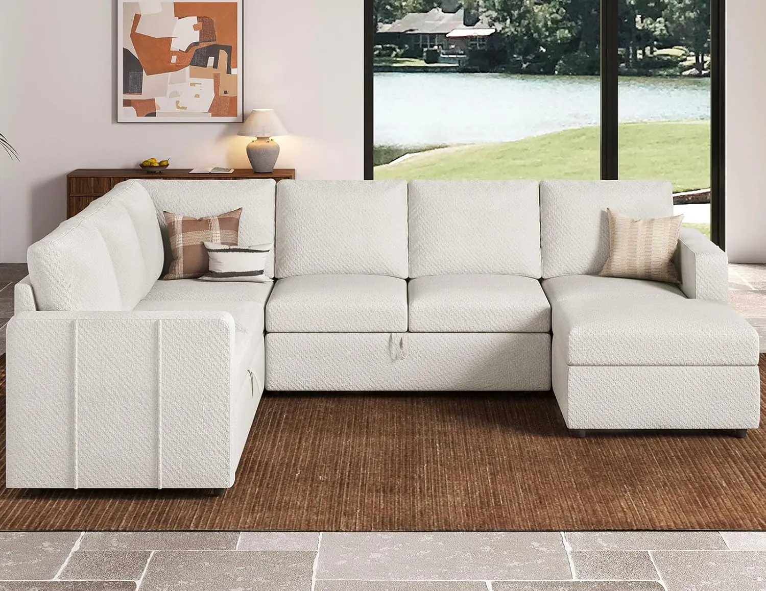 Belffin Modular Sectional Sleeper Sofa with Pull Out Couch, U Shaped Sleeper Pull Out Bed, Convertible Sectional Couches for Living Room, White