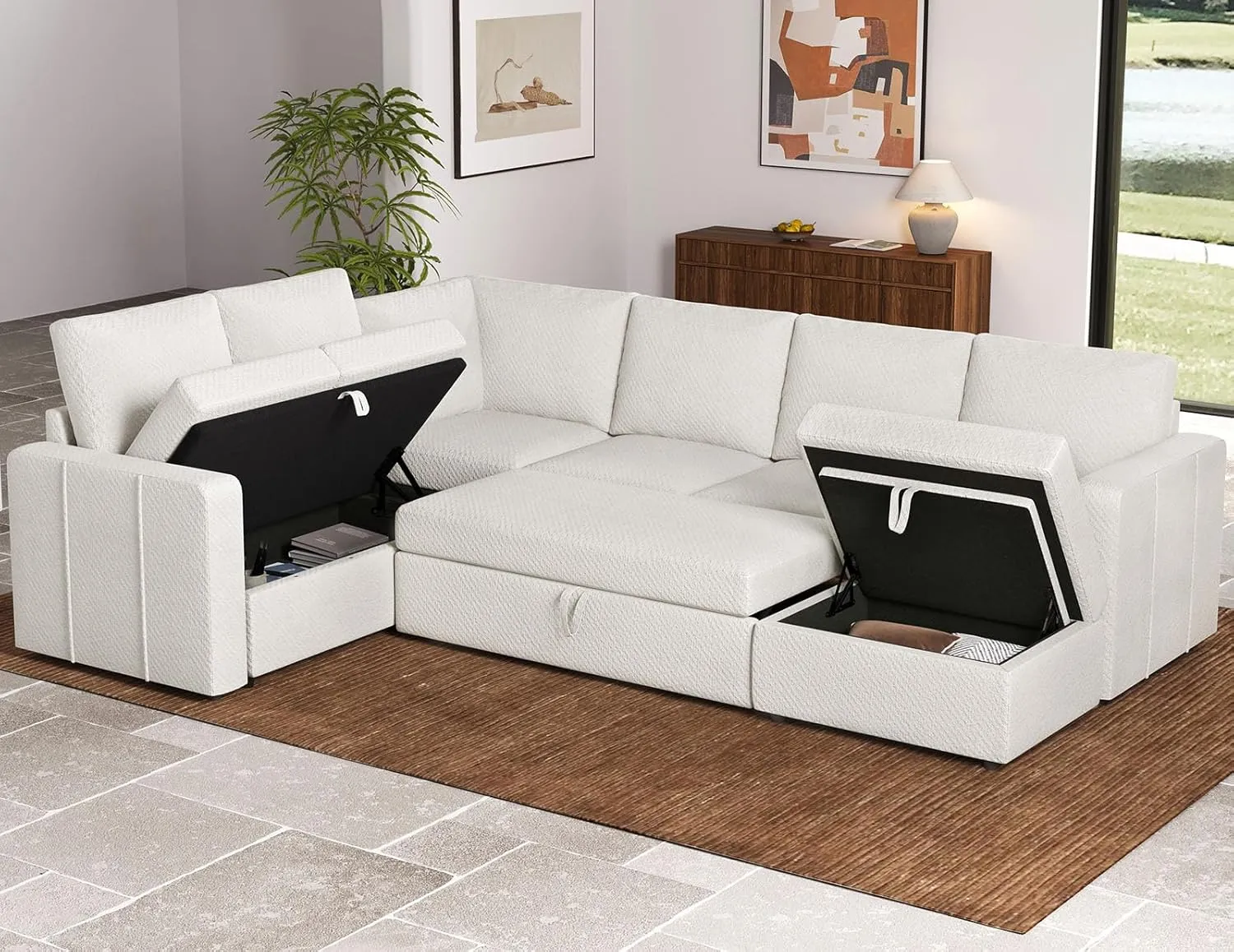 Belffin Modular Sectional Sleeper Sofa with Pull Out Couch, U Shaped Sleeper Pull Out Bed, Convertible Sectional Couches for Living Room, White