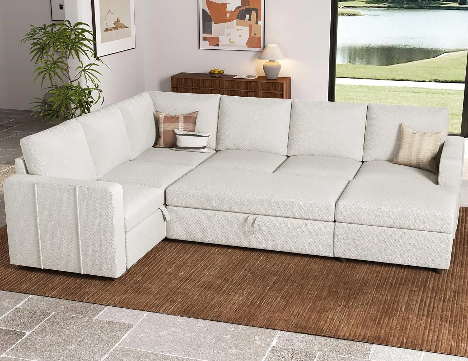 Belffin Modular Sectional Sleeper Sofa with Pull Out Couch, U Shaped Sleeper Pull Out Bed, Convertible Sectional Couches for Living Room, White