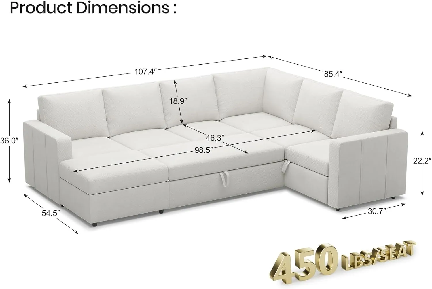 Belffin Modular Sectional Sleeper Sofa with Pull Out Couch, U Shaped Sleeper Pull Out Bed, Convertible Sectional Couches for Living Room, White
