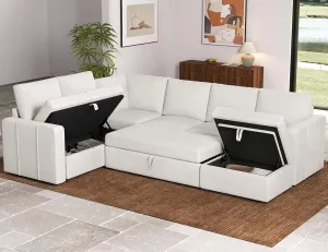 Belffin Modular Sectional Sleeper Sofa with Pull Out Couch, U Shaped Sleeper Pull Out Bed, Convertible Sectional Couches for Living Room, White