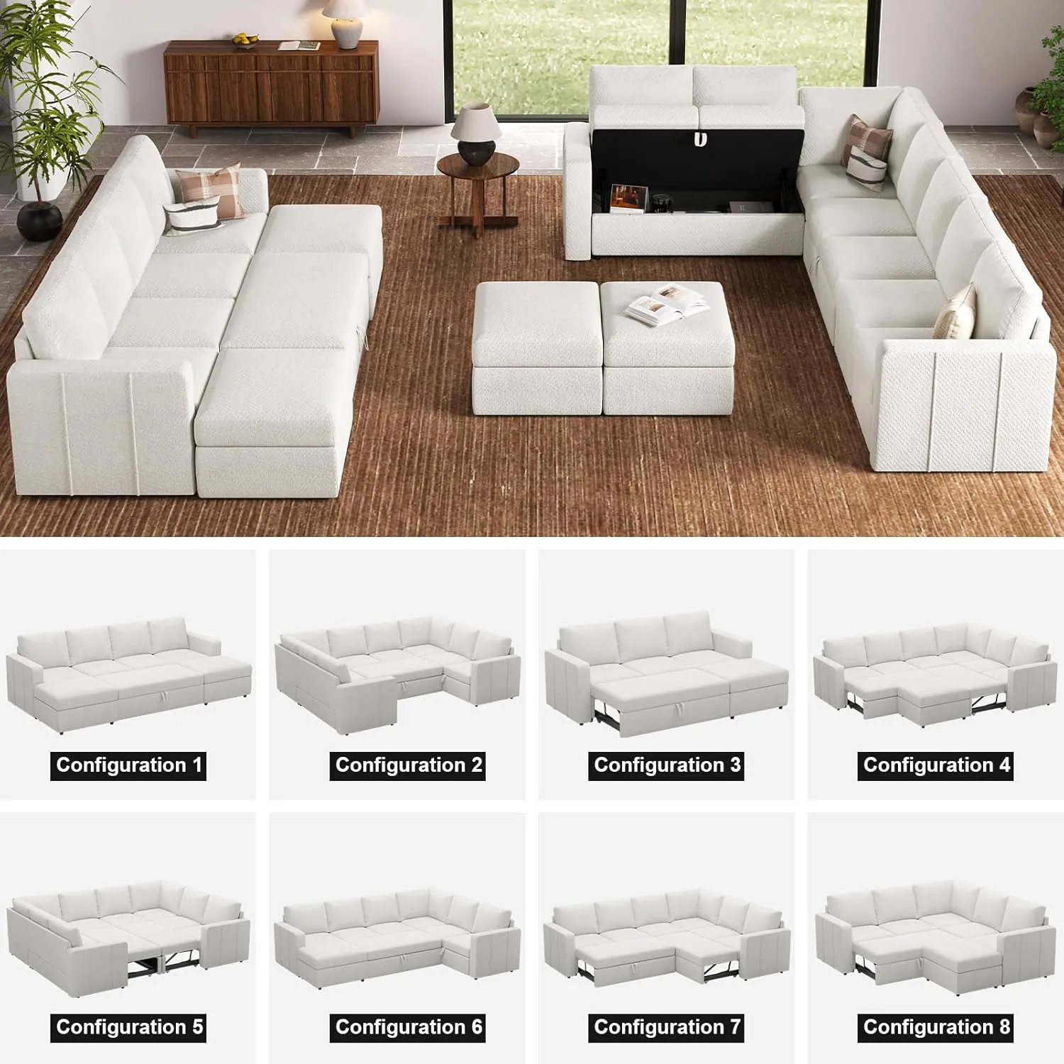 Belffin Modular Sectional Sleeper Sofa with Pull Out Couch, U Shaped Sleeper Pull Out Bed, Convertible Sectional Couches for Living Room, White