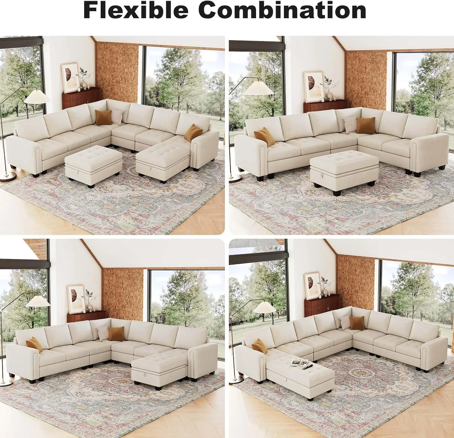 Belffin Modular Sectional Sofa U Shaped Sectional Couch with Storage Ottoman Velvet 9-Seater Convertible Sectional Sofa with Chaises Beige