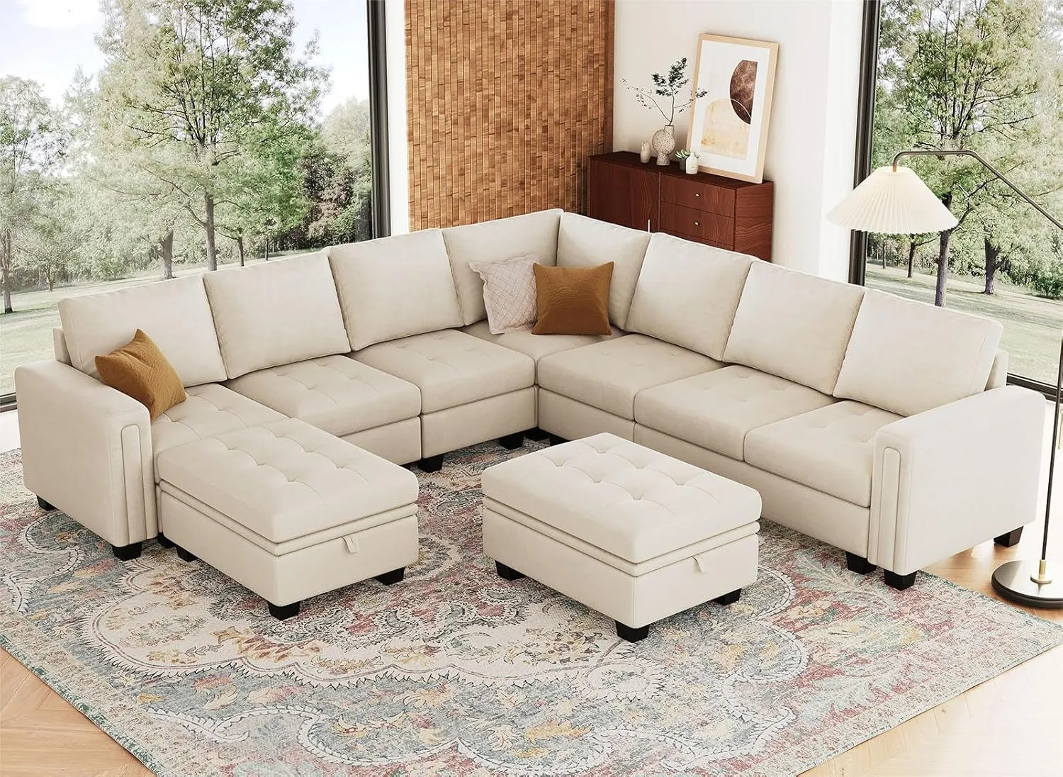 Belffin Modular Sectional Sofa U Shaped Sectional Couch with Storage Ottoman Velvet 9-Seater Convertible Sectional Sofa with Chaises Beige