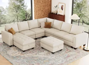 Belffin Modular Sectional Sofa U Shaped Sectional Couch with Storage Ottoman Velvet 9-Seater Convertible Sectional Sofa with Chaises Beige