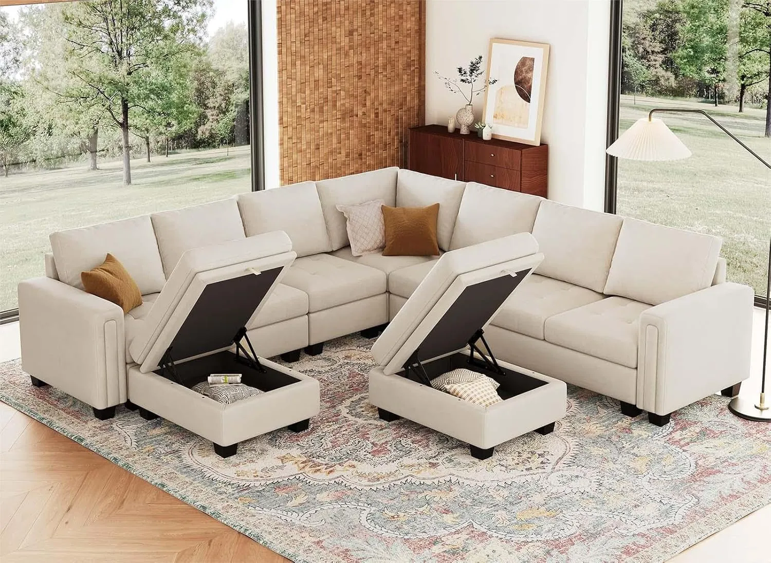 Belffin Modular Sectional Sofa U Shaped Sectional Couch with Storage Ottoman Velvet 9-Seater Convertible Sectional Sofa with Chaises Beige