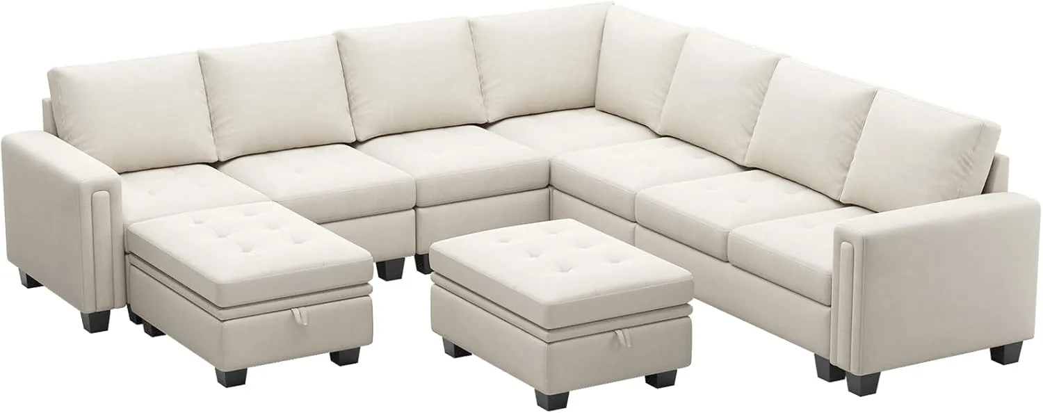 Belffin Modular Sectional Sofa U Shaped Sectional Couch with Storage Ottoman Velvet 9-Seater Convertible Sectional Sofa with Chaises Beige