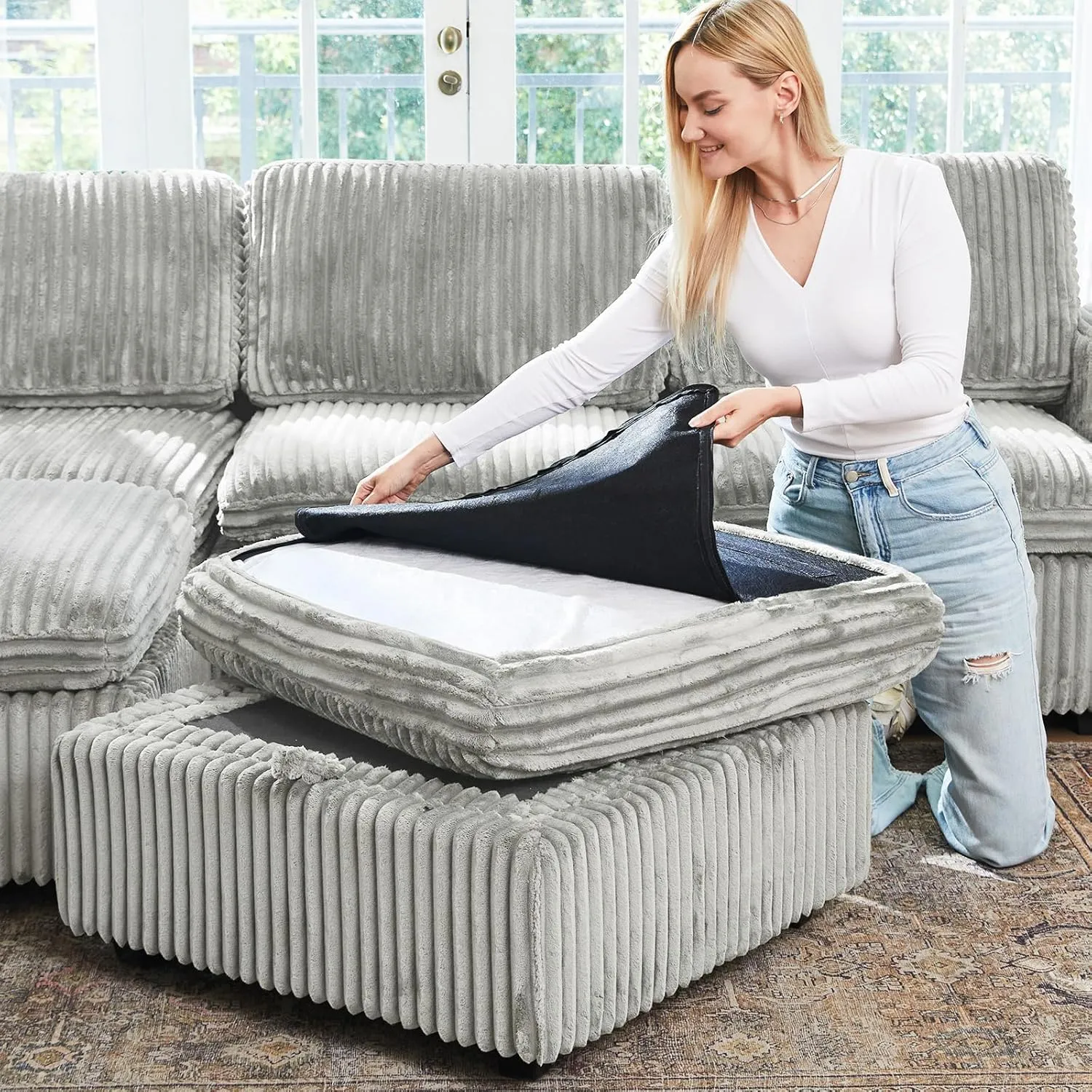 Belffin Modular Sectional Sofa with Storage Ottoman, Oversized Cloud Couch Sectional with Extra Deep Seat, Convertible Upholstered U Shaped Sectional Couches for Living Room, Plush Corduroy Light Grey
