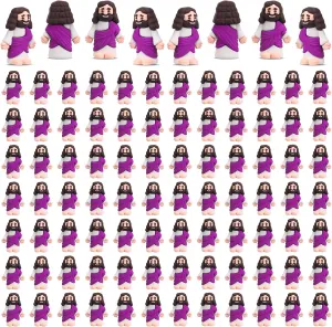 Bememo 100 Pcs Jesus Toys Original Design Mini Rubber Little Jesus Figurine to Hide and Seek Religious Party Favors Sunday Craft Baptism Gifts for Easter Egg Stuffers(Purple)