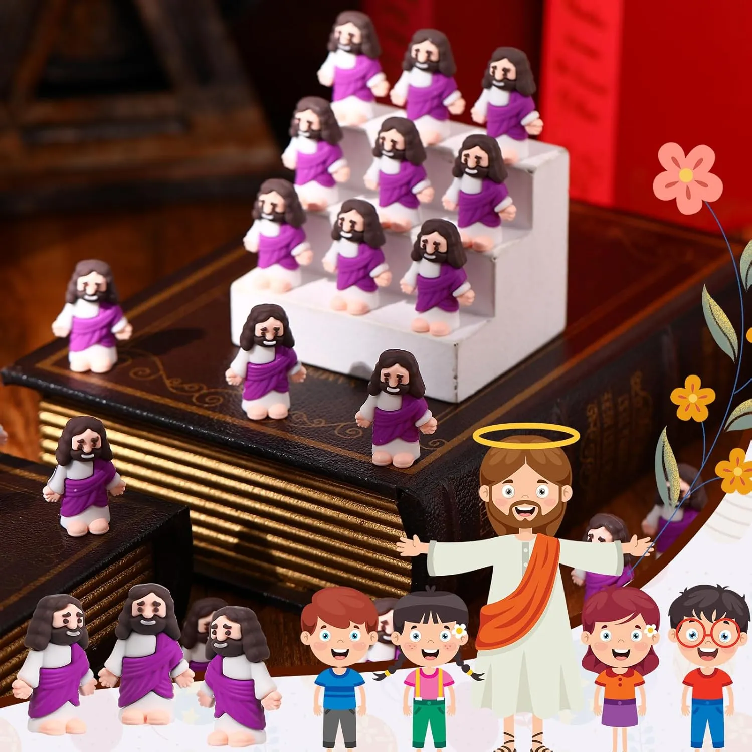Bememo 100 Pcs Jesus Toys Original Design Mini Rubber Little Jesus Figurine to Hide and Seek Religious Party Favors Sunday Craft Baptism Gifts for Easter Egg Stuffers(Purple)
