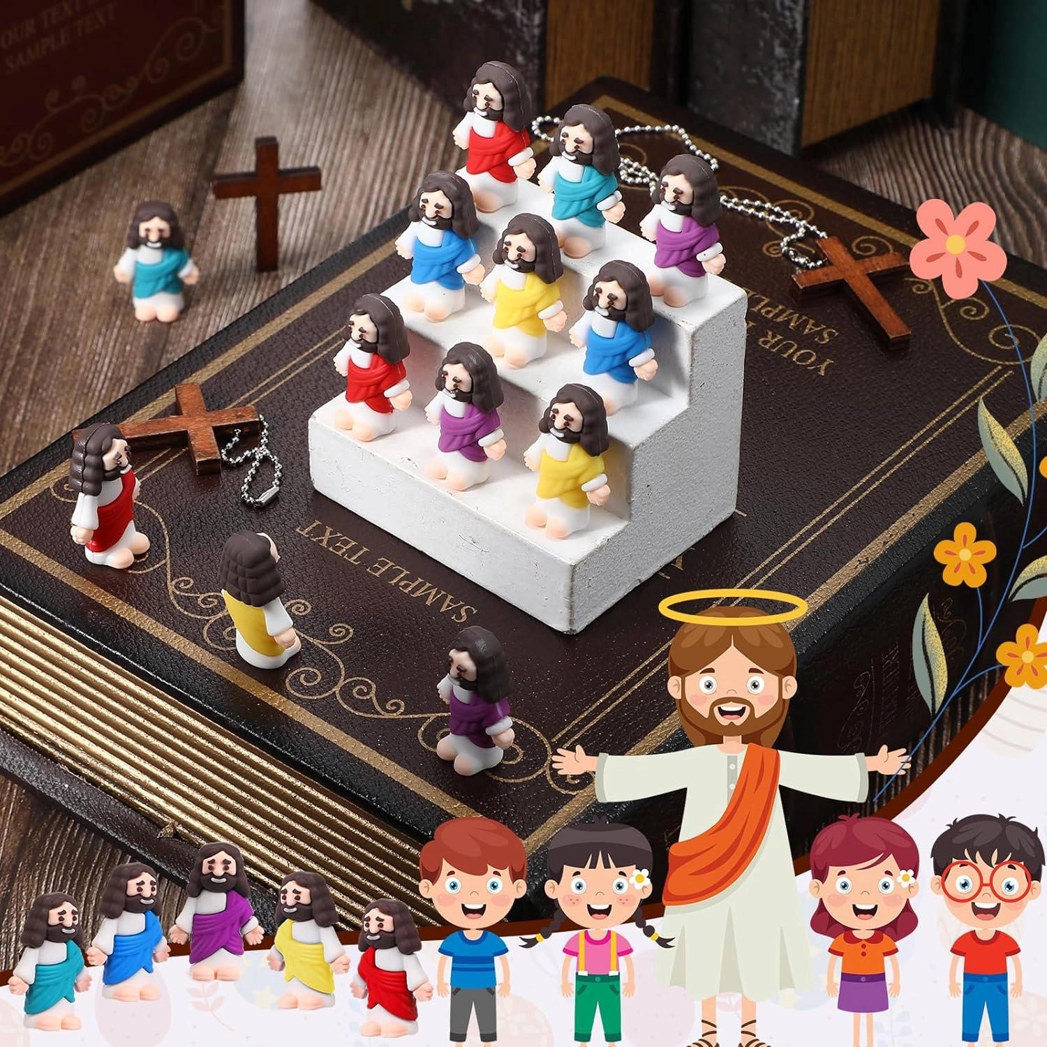 Bememo 50 Pcs Mini Jesus Figures Original Design Jesus Toys Little Figures to Hide and Seek Sunday School Religious Easter Party Favors Gift(Multicolor)