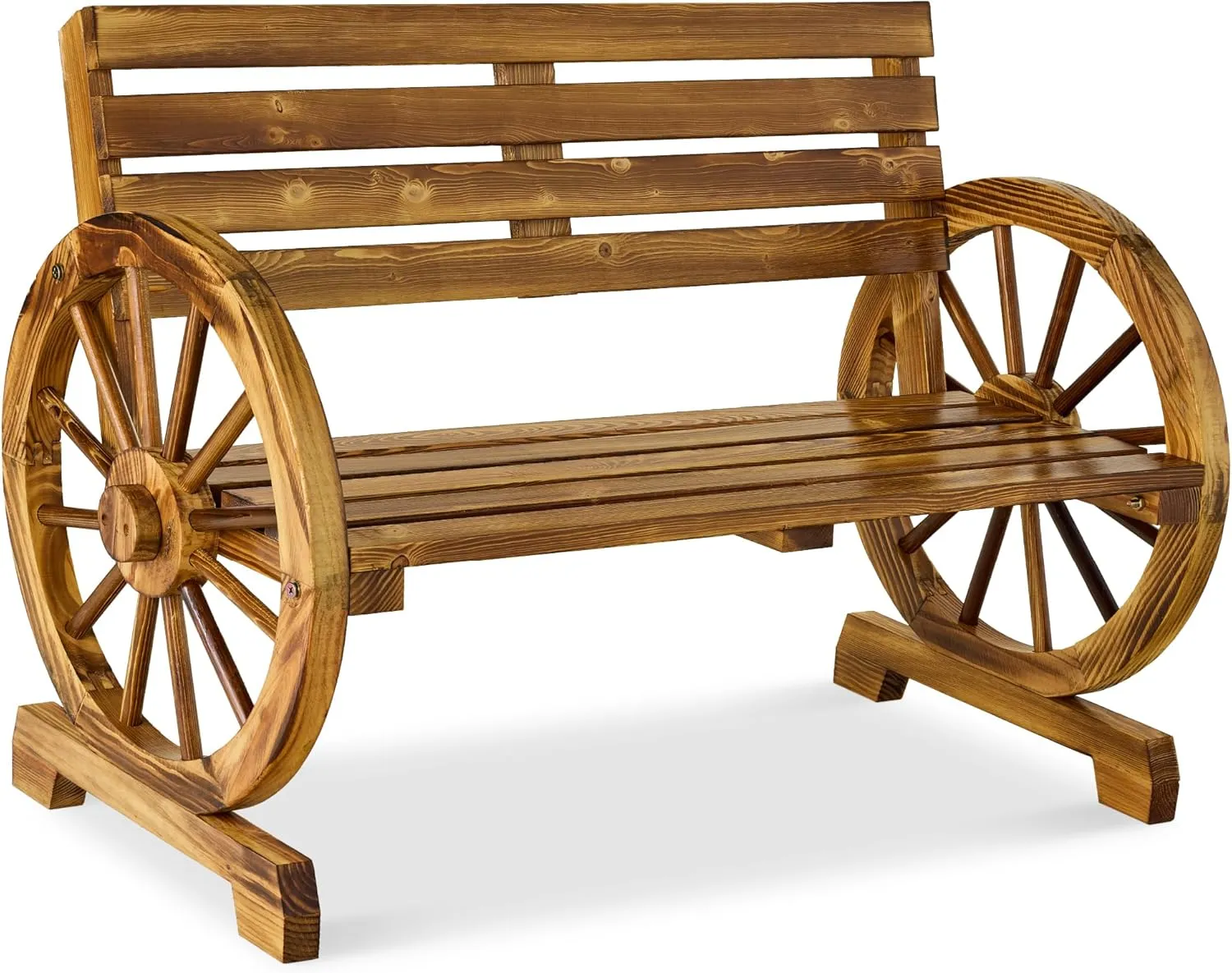 Best Choice Products 2-Person Wooden Wagon Wheel Bench for Backyard, Patio, Porch, Garden, Outdoor Lounge Furniture w/Rustic Country Design, Slatted Seat and Backrest - Natural