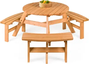 Best Choice Products 6-Person Circular Outdoor Wooden Picnic Table for Patio, Backyard, Garden, DIY w/ 3 Built-in Benches, 500lb Capacity - Natural